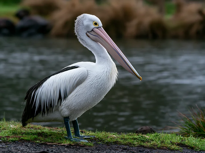 An Australian pelican is standing by a coastal lagoon, showcasing its long beak and distinct features.