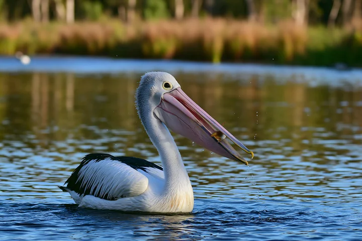 An Australian pelican on coastal lagoon catches a fish with its large bill while surrounded by water and greenery under clear skies.