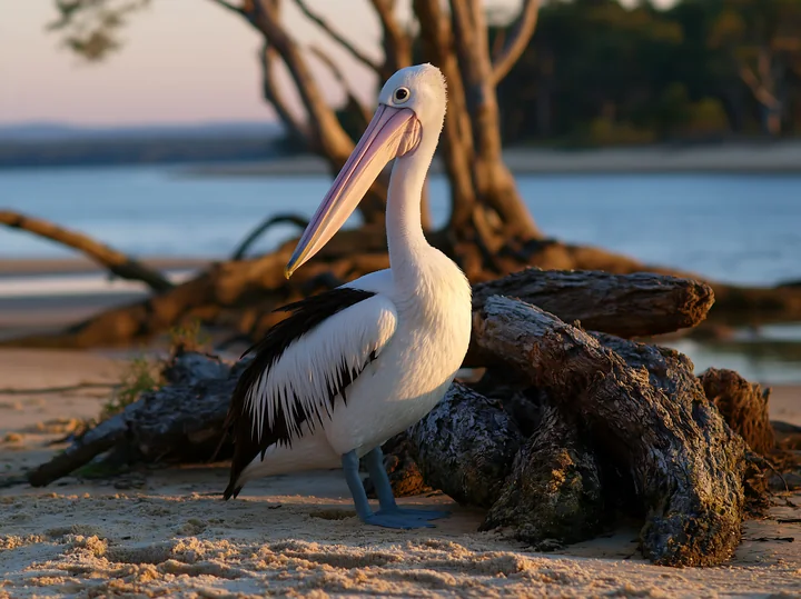 An Australian pelican on coastal lagoon stands near driftwood as the sun sets, casting warm light on the scene.