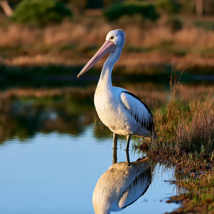 An Australian pelican on coastal lagoon stands near the shoreline, reflecting in the water.