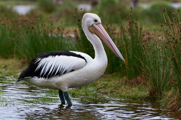 An Australian pelican stands in shallow water of a coastal lagoon surrounded by green grass and plants, showcasing its large beak and distinctive black and whit