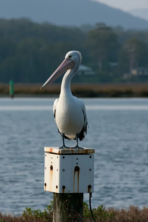 An Australian pelican stands on a post by a coastal lagoon, surveying its surroundings.