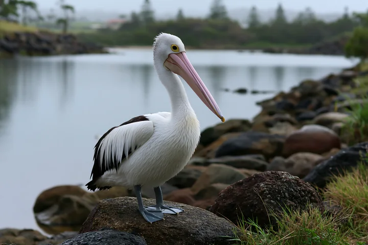 An Australian pelican stands on a rock by a coastal lagoon surrounded by stones and grass.