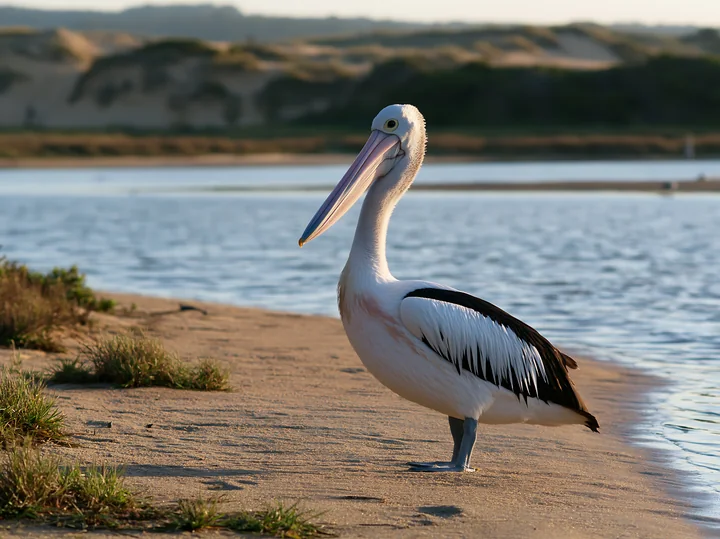 An Australian pelican stands on a sandy shore beside a coastal lagoon.
