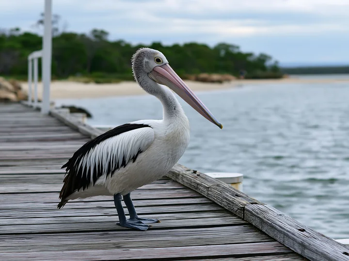 An Australian pelican stands on a wooden pier overlooking a coastal lagoon.