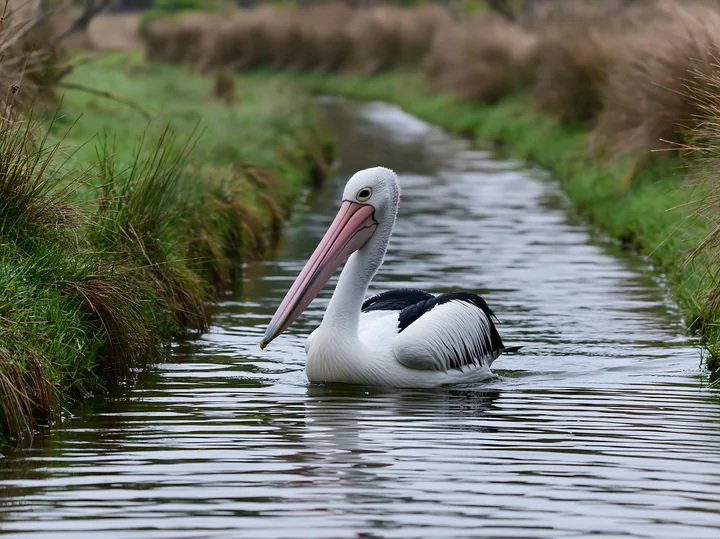An Australian pelican swims in a coastal lagoon surrounded by greenery.