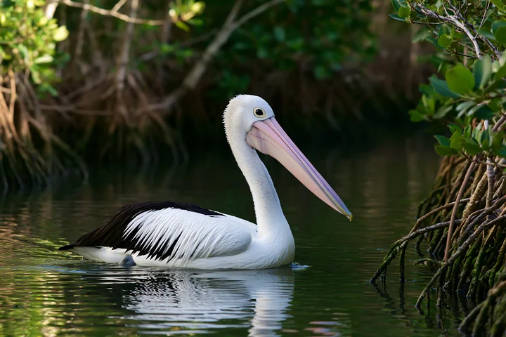 An Australian pelican swims in a coastal lagoon surrounded by lush greenery.