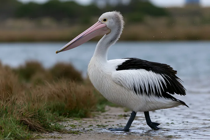 An Australian pelican walks along the shore of a coastal lagoon.