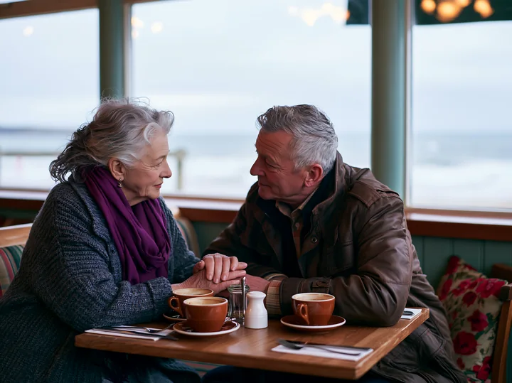 An elderly couple sits together at a table in a cafe, holding hands while gazing into each other’s eyes.