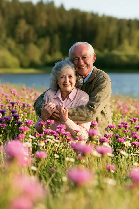 An elderly couple stands in a vibrant flower field beside a lake, enjoying each other's company.
