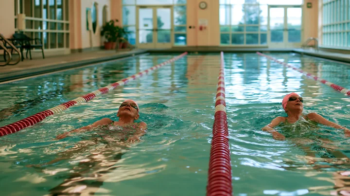 An elderly couple swims together in an indoor pool with clear water.