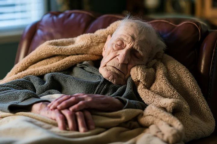 An elderly man with Alzheimer's is resting with a blanket on a chair.