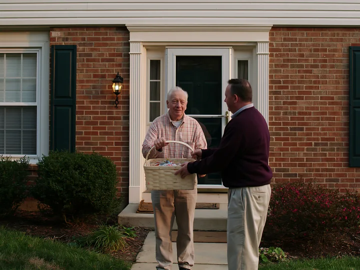 An elderly man with Parkinson's disease is receiving support from a caregiver at his home.