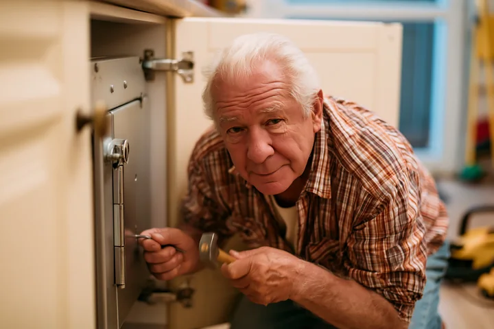 An elderly man works on repairing a kitchen cabinet.
