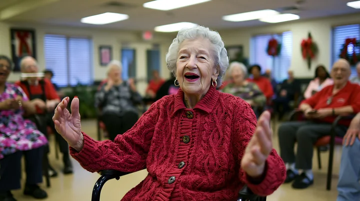 An elderly woman singing in a Parkinson's therapy group engages with others in a brightly lit room.