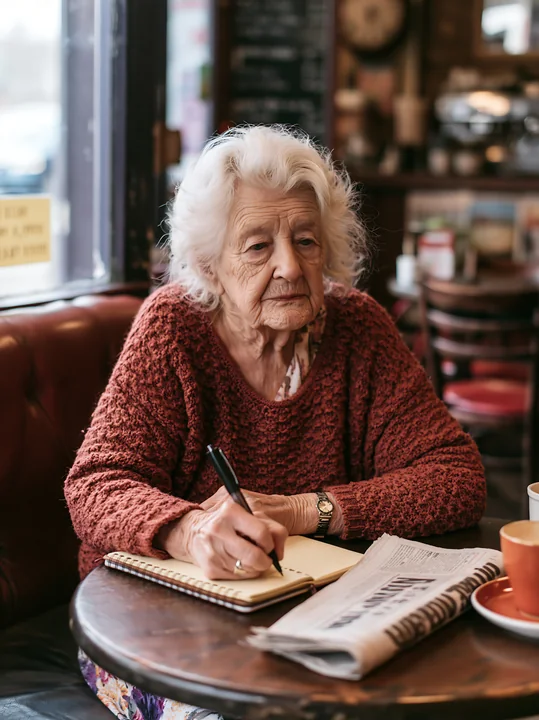 An elderly woman with Alzheimer's writing reminders in a notebook sits at a table in a cafe.