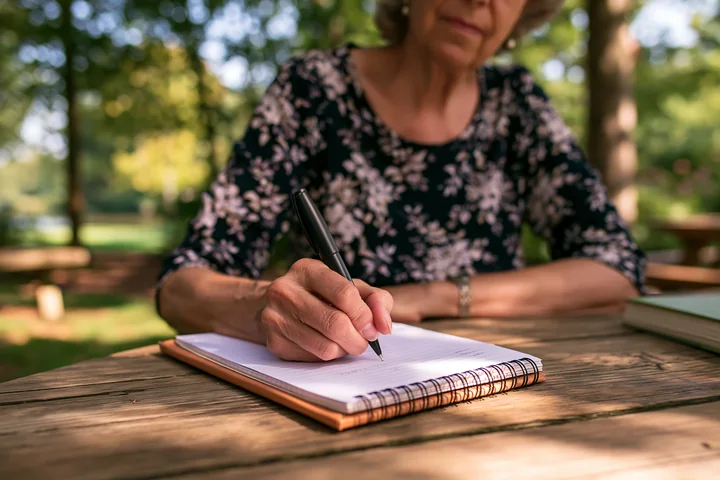 An elderly woman with Alzheimer's writing reminders in a notebook while sitting at a wooden table outdoors.