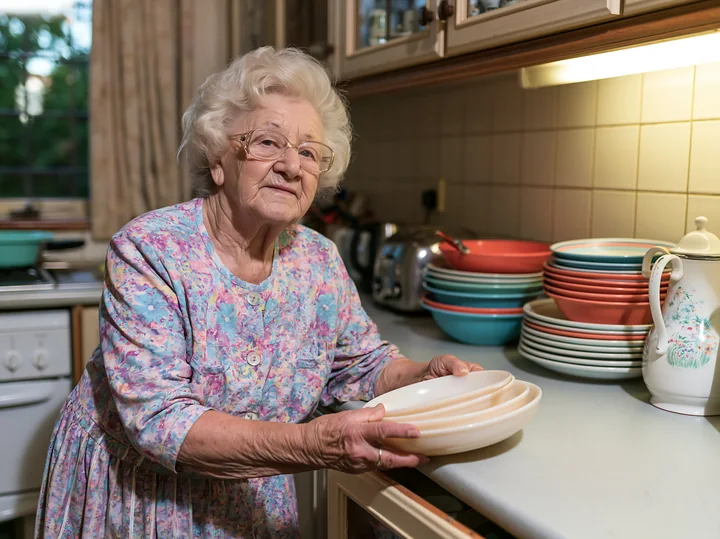 An elderly woman with dementia participating in daily activities is arranging dishes in a kitchen.