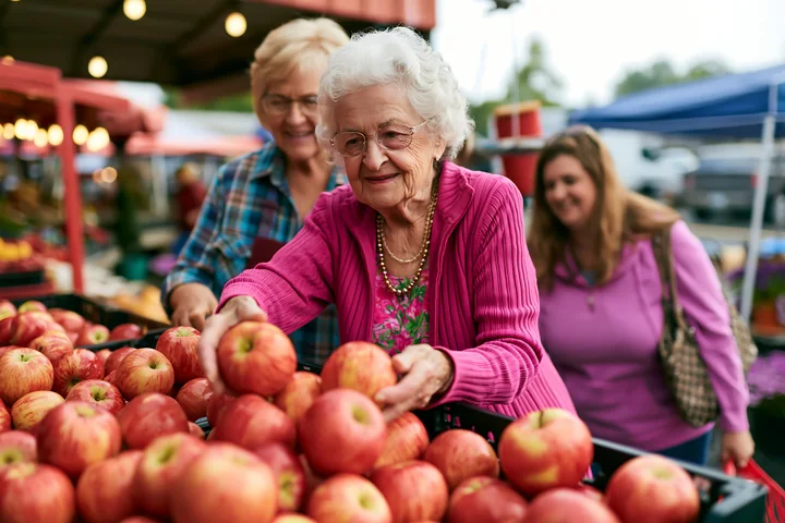 An elderly woman with dementia participating in daily activities picks apples at a vibrant market.