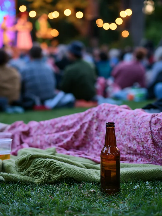 An empty bottle at an outdoor event rests on the grass near a blanket.
