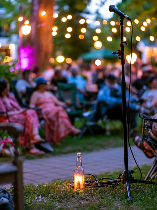 An empty bottle at outdoor event sits near a microphone as attendees enjoy the performance.
