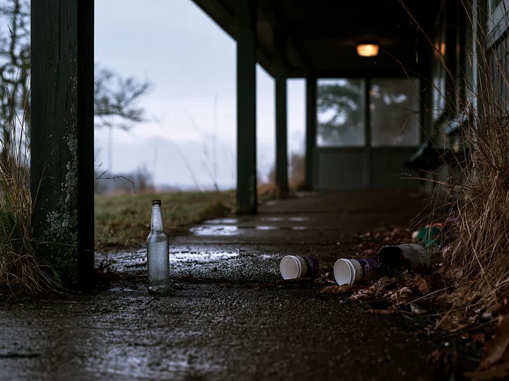An empty bottle is seen on a wet sidewalk alongside several discarded cups near a covered walkway in a rural area on a cloudy day.
