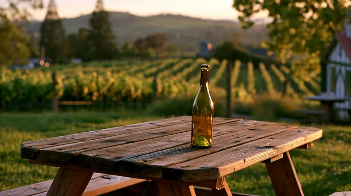 An empty bottle on a weathered picnic table overlooks a vineyard at sunset.