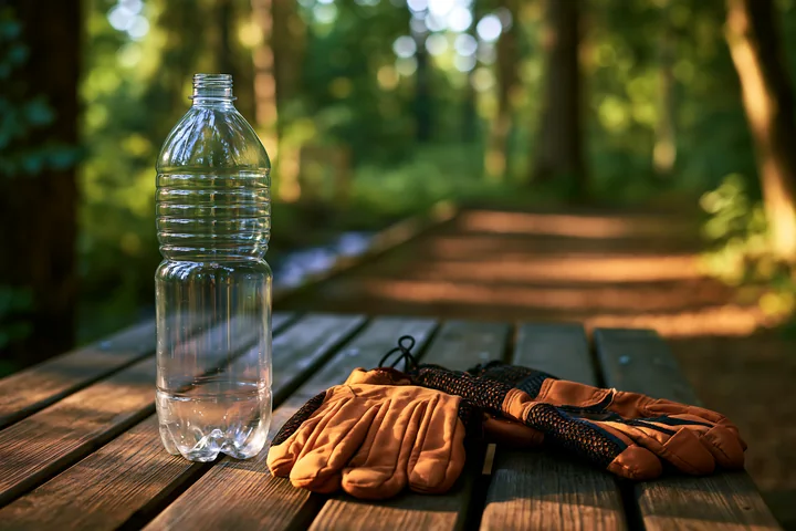 An empty bottle rests on a picnic table beside a pair of gloves in a wooded area.