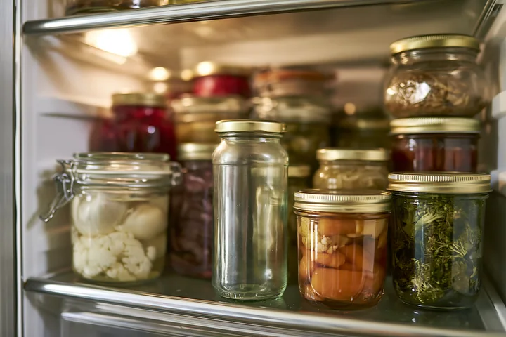 An empty bottle sits in a refrigerator surrounded by jars filled with various preserved foods.