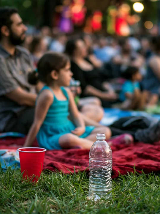 An empty bottle sits on the grass near an audience enjoying an outdoor event.