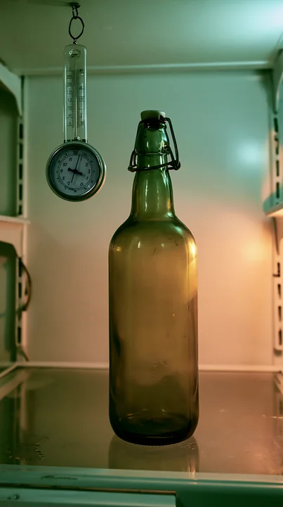 An empty bottle stands in a refrigerator, with a hanging thermometer beside it.
