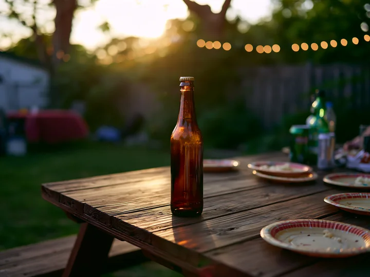 An empty bottle stands on a wooden table surrounded by used plates in a backyard gathering at sunset.