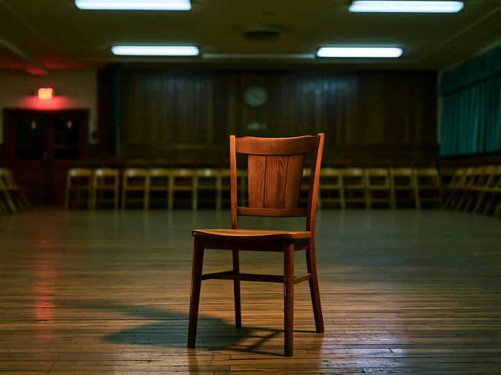 An empty chair stands alone in a dimly lit hall surrounded by rows of chairs.