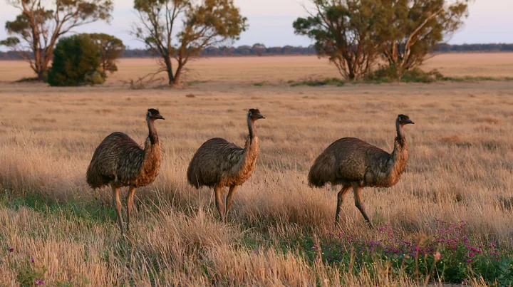 An emu walks across a grassy outback plain as the sun sets in the background.