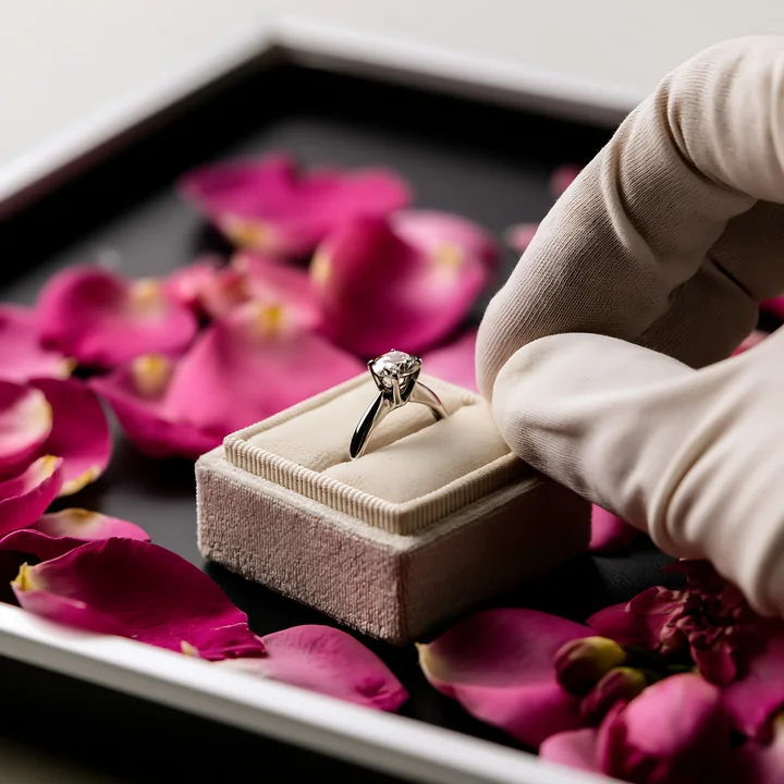 An engagement ring is placed on a velvet box among scattered flower petals.