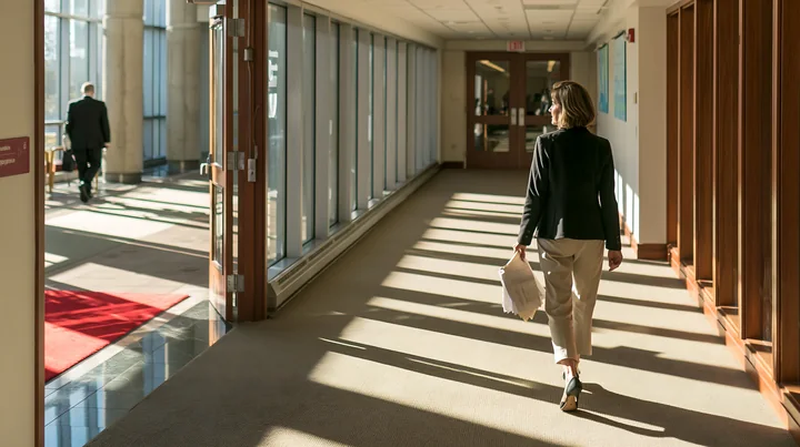An executive woman walks through a well-lit office hallway holding work documents.