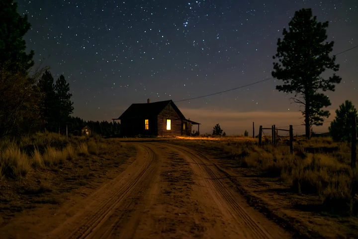 An isolated cabin sits on a dirt road surrounded by trees while a starry sky covers the night.