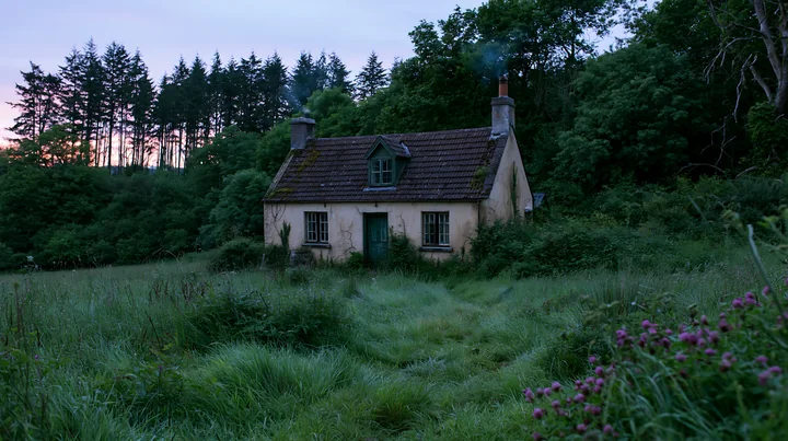 An old cottage with weathered facade sits in a grassy area, with trees in the background.