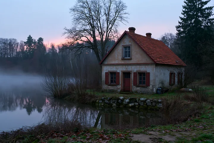 An old cottage with weathered facade stands beside a calm lake surrounded by trees.