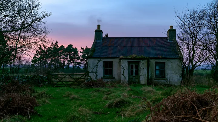 An old cottage with weathered facade stands in a grassy field.