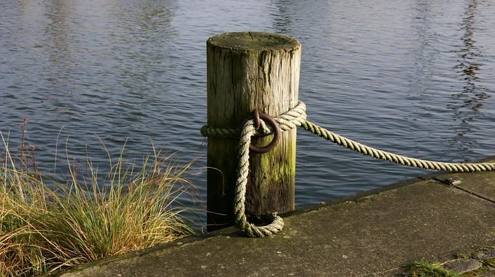 An old timber piling secured with an iron ring and worn rope sits by a calm water body, surrounded by grass and a concrete path.