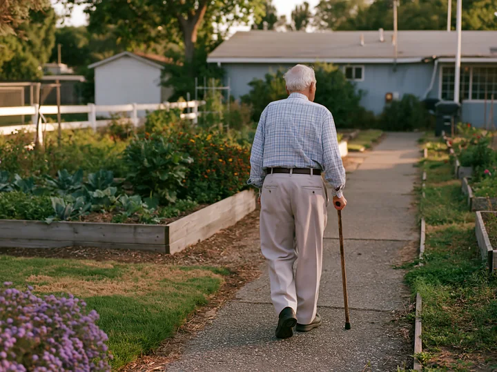 An older adult with Parkinson's disease walking with a cane along a garden path.