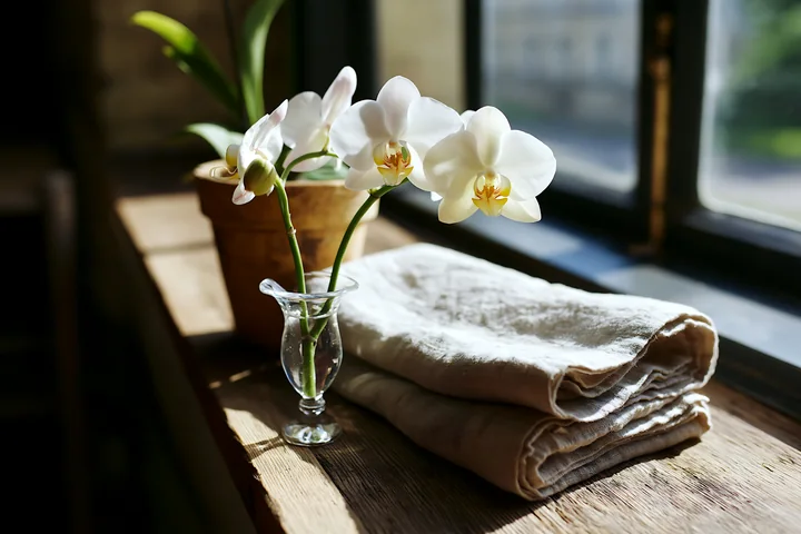 An orchid flower on windowsill sits in a small glass vase beside folded linen towels.