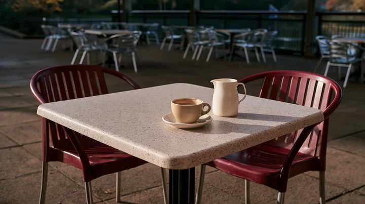 An outdoor cafe table displays a latte and a milk jug.