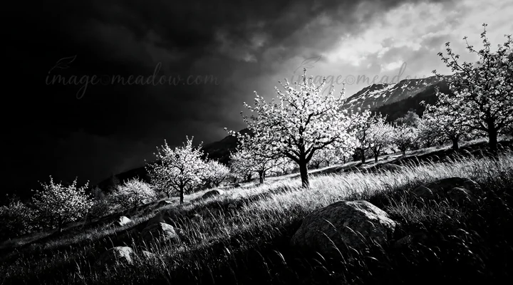 A meadow filled with apple blossom trees stands against a dark sky. The trees are blooming, and large rocks are scattered among the grass in this scenic landsca