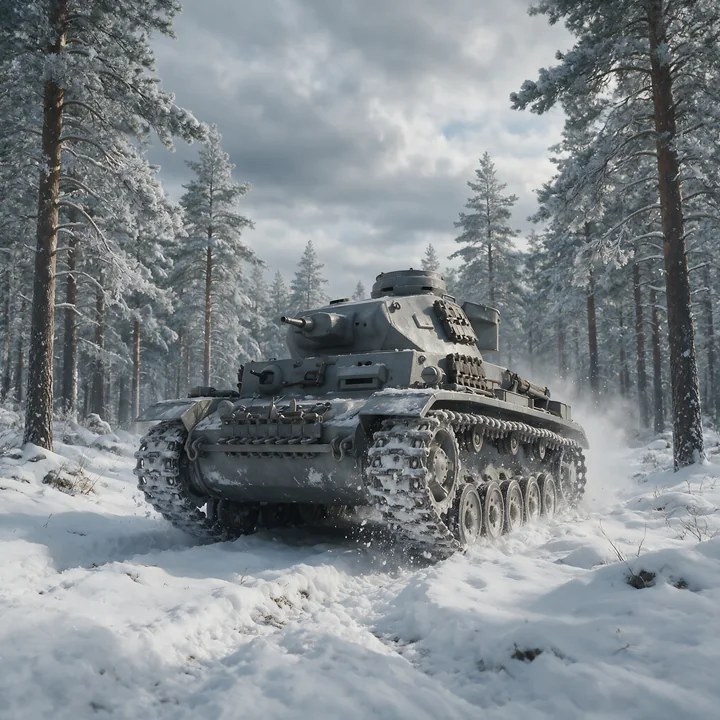 Armored tank drives through deep snow in a pine forest beneath a cloudy winter sky.