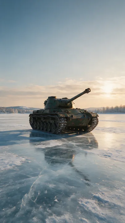Armored tank stands on a frozen lake surrounded by snowy trees and hills under a pale winter sky.