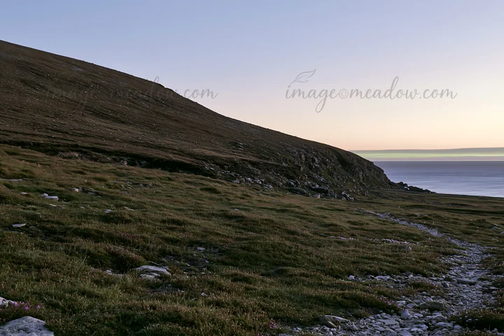 A rocky shoreline extends along the coast, surrounded by grassy meadows. The low sun casts a warm glow, marking the transition from day to night. The landscape