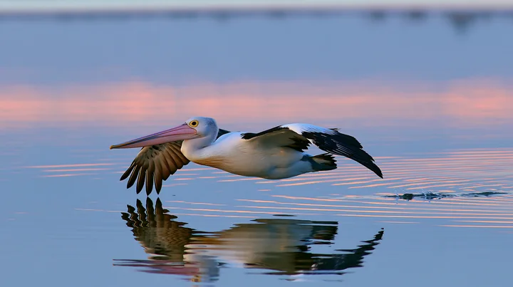 Australian pelican flies low over a coastal lagoon at sunset, with its reflection visible in the calm water.