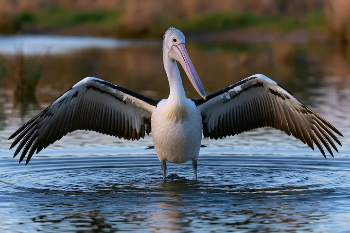 Australian pelican spreads its wings while standing in rippling water near a softly blurred shoreline.